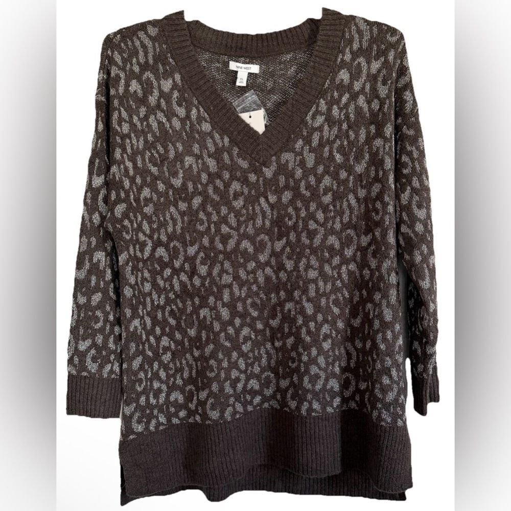 NINE WEST Womens Gray Leopard Metallic Print V-Neck Tunic Sweater Size XL Cozy